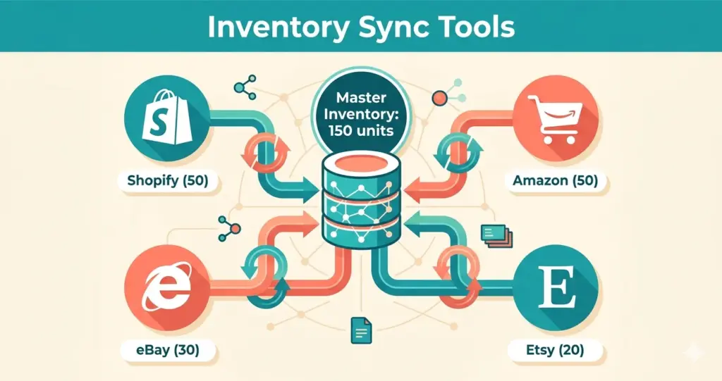 Inventory sync tools showing central hub connected to Shopify Amazon eBay and Etsy with stock counts