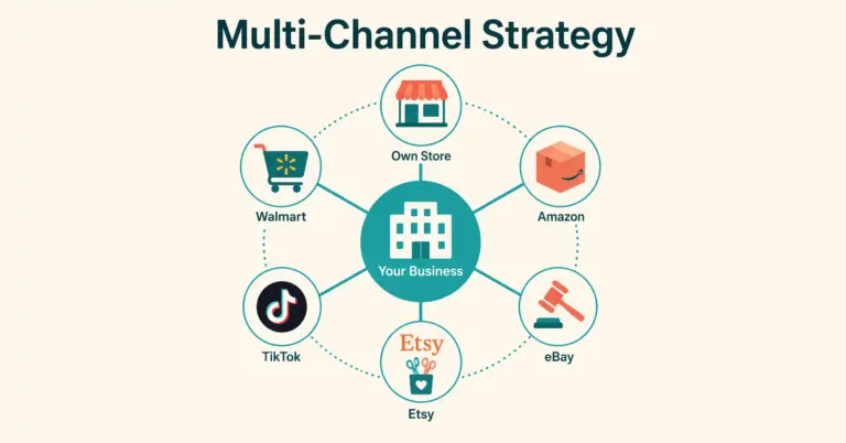Multi channel ecommerce strategy showing central hub connected to Amazon eBay own store and TikTok Shop