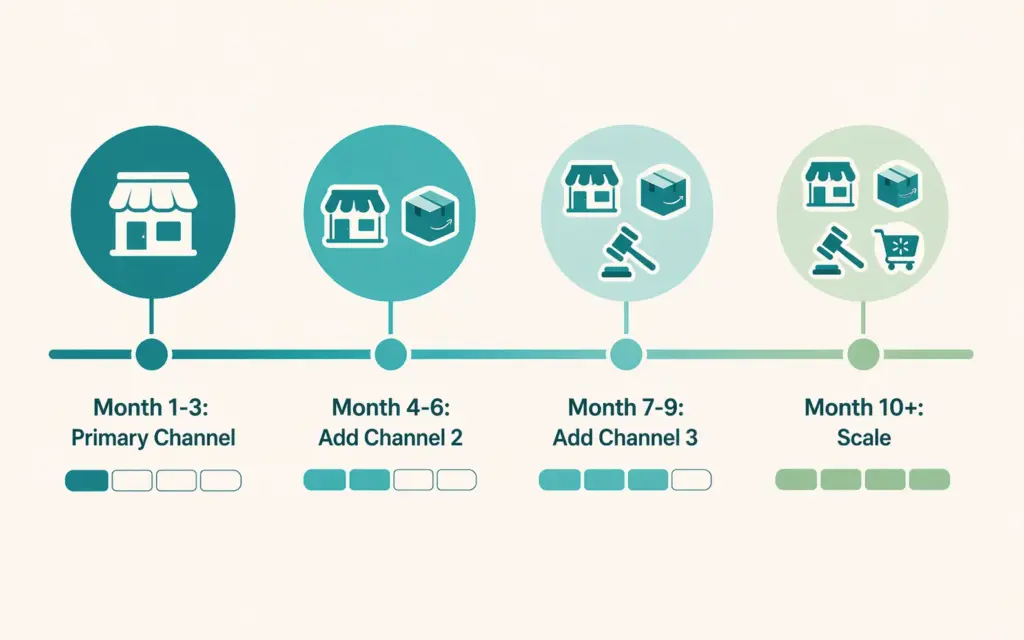 Multi-channel expansion timeline showing phased rollout from primary channel through four platforms