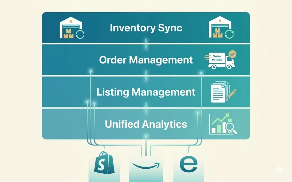 Multi-channel ecommerce tech stack showing inventory orders listings and analytics layers