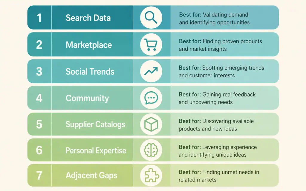 Seven ecommerce niche research methods listed with data source type and best use case for each
