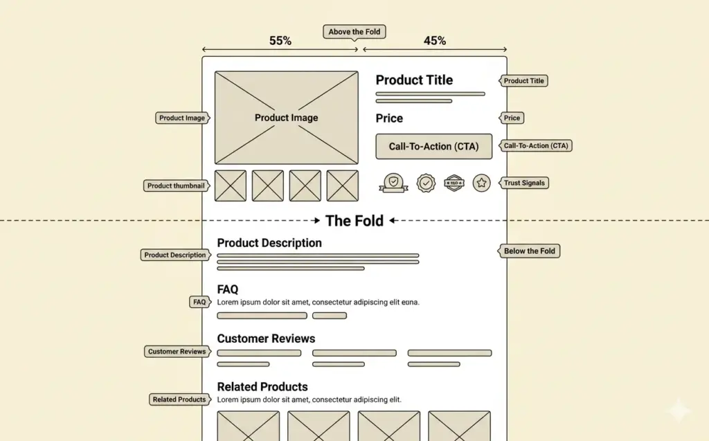 Anatomy of a high converting product page showing above fold and below fold element placement
