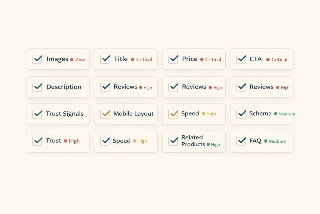 Twelve point product page optimization checklist with critical high and medium priority ratings