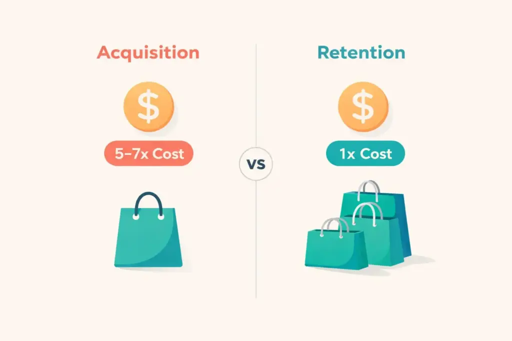 Cost comparison of customer acquisition versus retention showing five to seven times cost difference