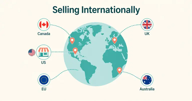 Selling internationally ecommerce showing a globe with shipping routes connecting to multiple country flags