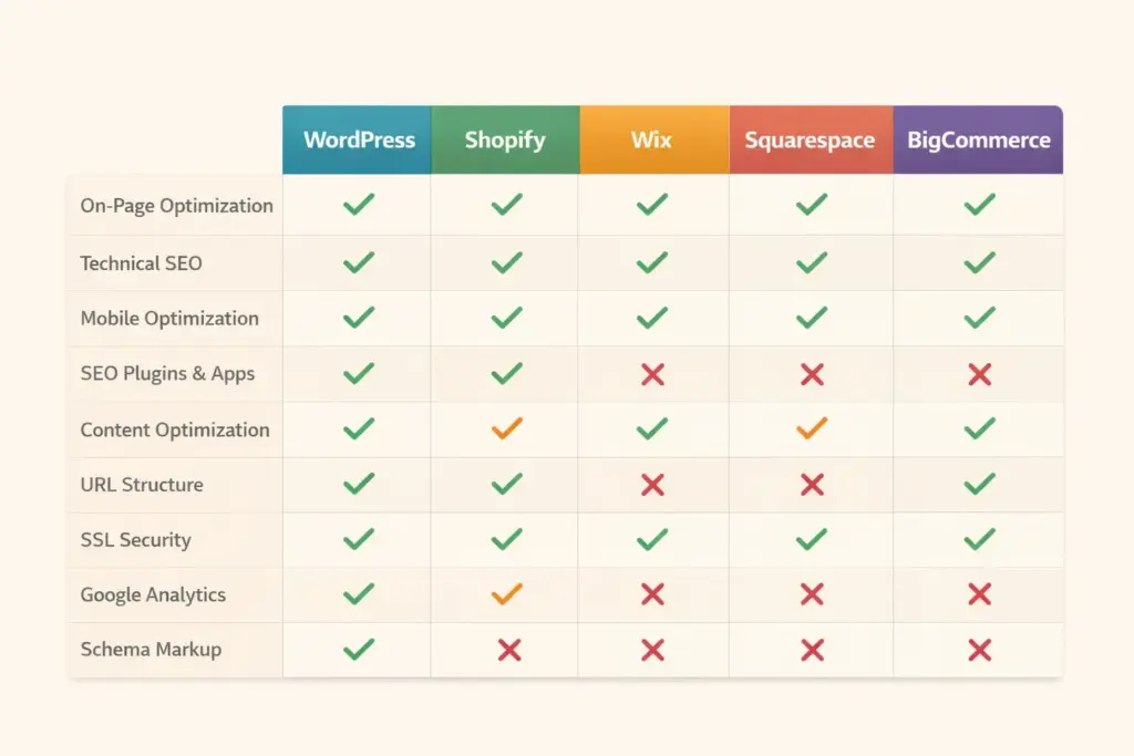 Five ecommerce platforms compared across nine SEO factors with checkmark and cross indicators