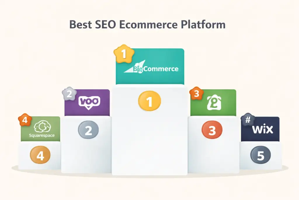 SEO ecommerce platform rankings showing five platforms scored across nine search optimization factors