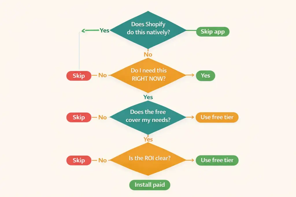 Decision framework for whether to install a Shopify app showing four yes-no questions