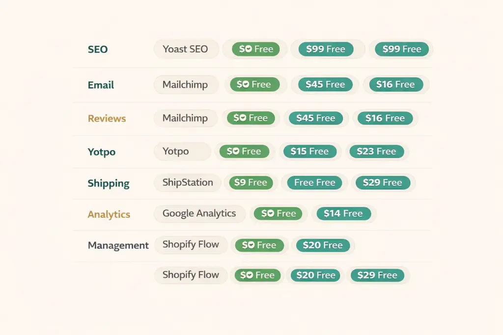Twenty essential Shopify apps organized by six categories with app names and pricing tiers