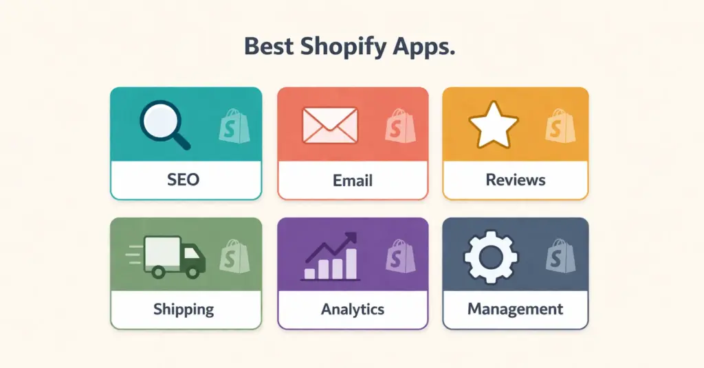 Best Shopify apps store guide showing app category icons for SEO email reviews shipping and analytics