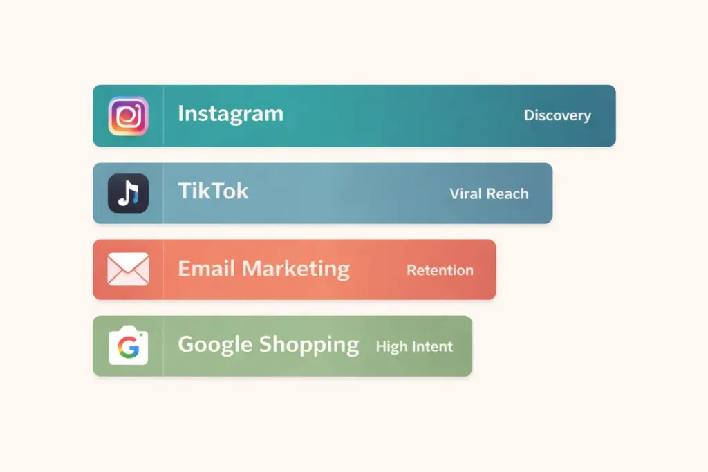 Marketing channel priority for Shopify clothing brands showing Instagram TikTok email and Google Shopping