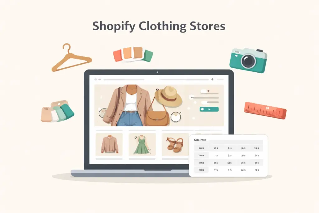 Shopify clothing stores guide showing a fashion storefront with product grid size chart and lookbook layout