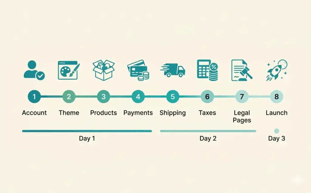 Eight step Shopify store setup timeline from account creation through launch day