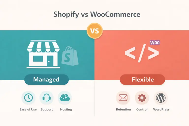 Shopify vs WooCommerce comparison showing both platform logos with feature scorecard between them
