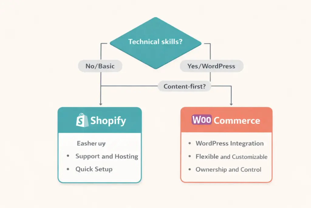 Decision guide flowchart for choosing between Shopify and WooCommerce based on skills and priorities