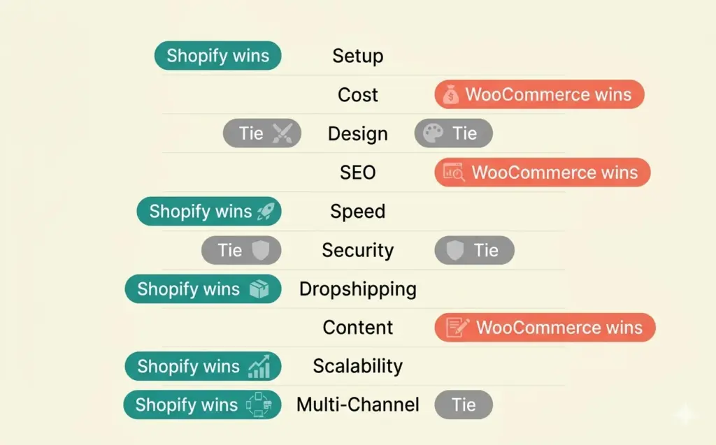 Shopify strengths versus WooCommerce strengths across ten comparison categories with winner labels