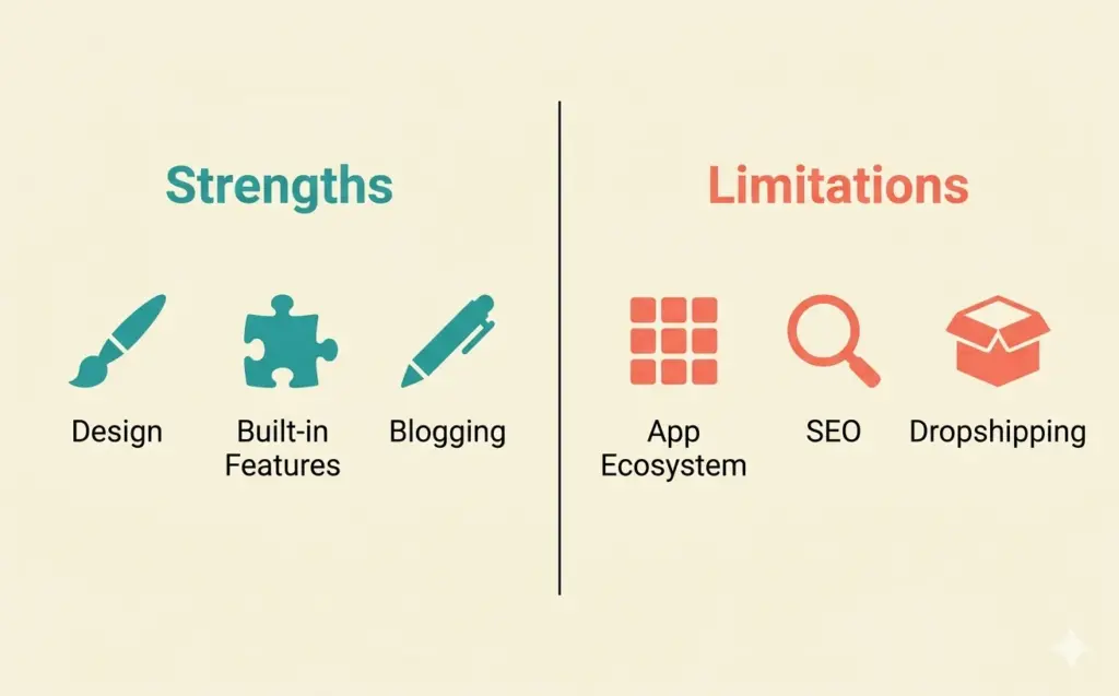 Squarespace ecommerce strengths versus limitations showing design wins and app ecosystem gaps