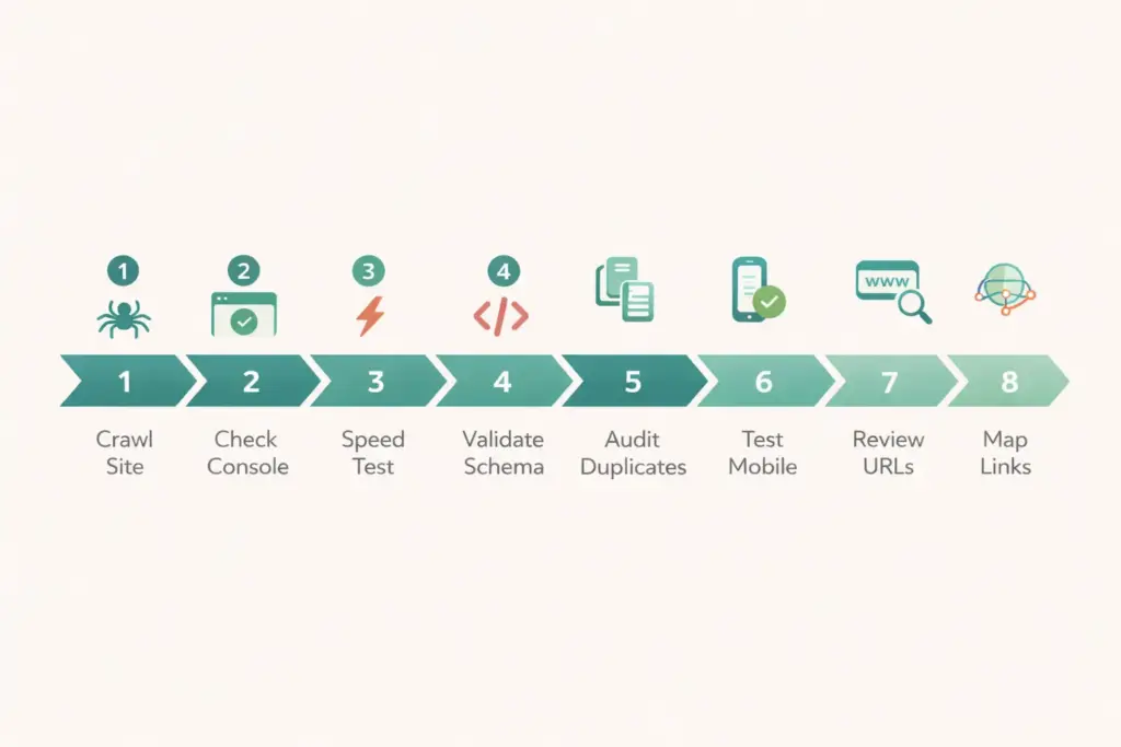 Priority order for ecommerce technical seo audit from crawl analysis through mobile testing