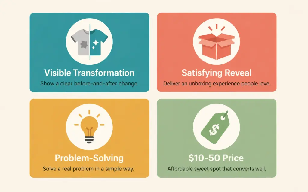 Four criteria for products that sell on TikTok Shop showing visible transformation and impulse price range