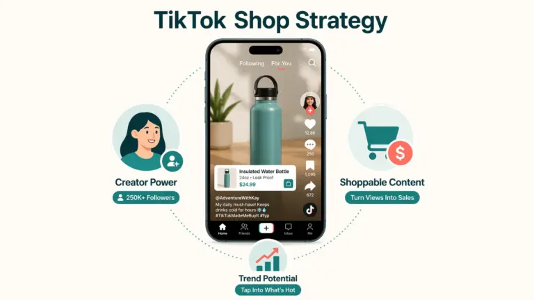 TikTok shop strategy showing a phone with product video creator partnerships and shopping cart conversion