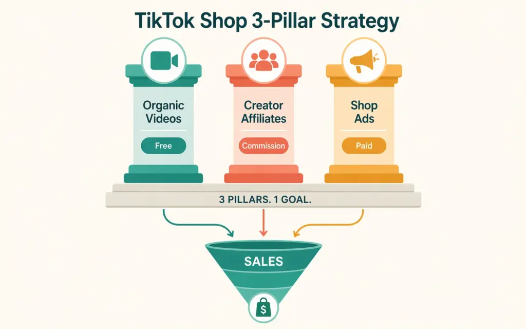 Three TikTok Shop sales channels organic videos creator affiliates and paid ads working together