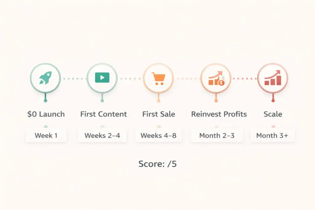 Roadmap from zero budget ecommerce launch to reinvestment showing five milestone stages