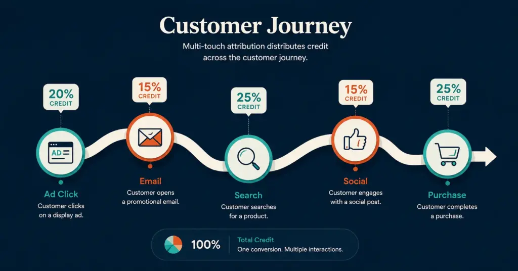 Customer journey attribution path showing credit distributed across marketing touchpoints