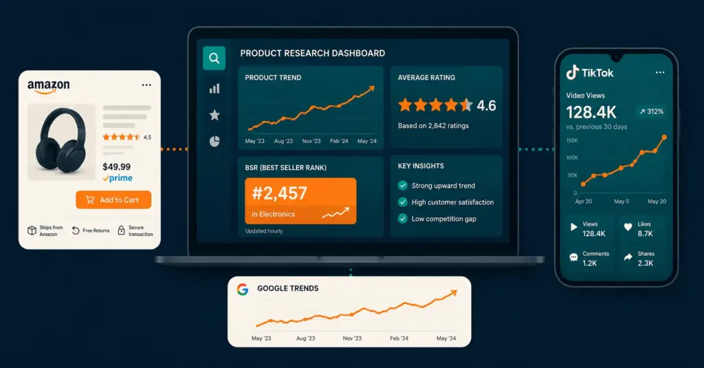 Best selling products research dashboard showing trend data, Amazon BSR, and TikTok signals across multiple platforms