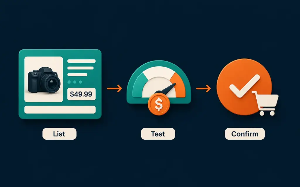 Product validation funnel illustration showing pre-sale listing, ad spend test, and conversion confirmation steps for ecommerce product research