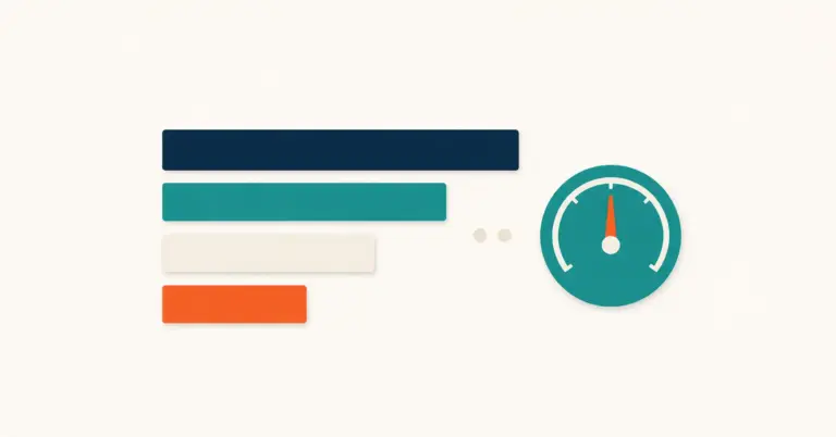 Abstract analytics bars in navy, teal, cream, and orange beside a circular gauge with floating data points