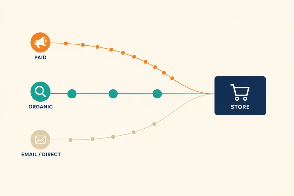 Three colored pathways converging toward a store rectangle showing different traffic sources