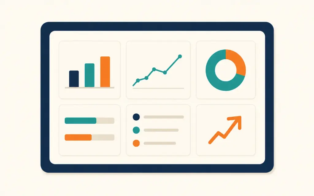 Abstract dashboard layout with six minimal widget shapes showing charts, metrics, and trend indicators
