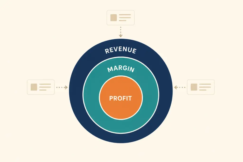 Concentric circles showing revenue, margin, and profit layers with data inputs feeding in
