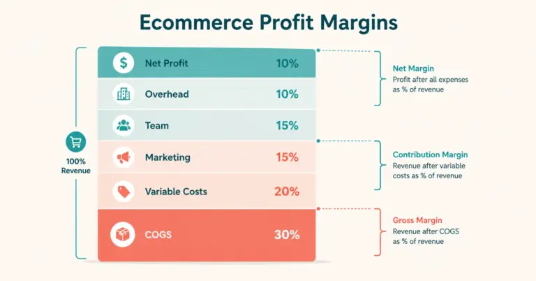 Ecommerce profit margins showing three margin calculations gross contribution and net with revenue breakdown