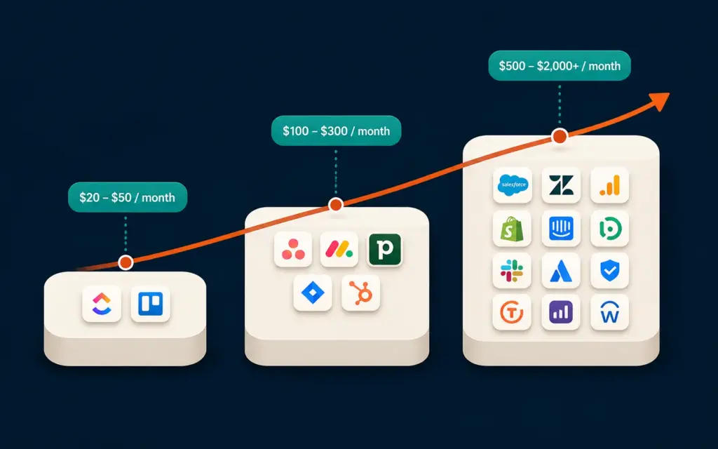 Ecommerce tech stack budget tiers showing tool count and monthly costs for starter, growth, and mid-market stages