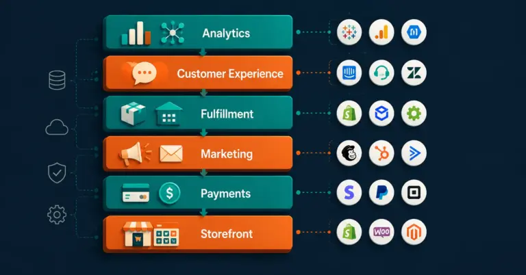 Ecommerce tools tech stack diagram showing six layers from storefront platform to analytics