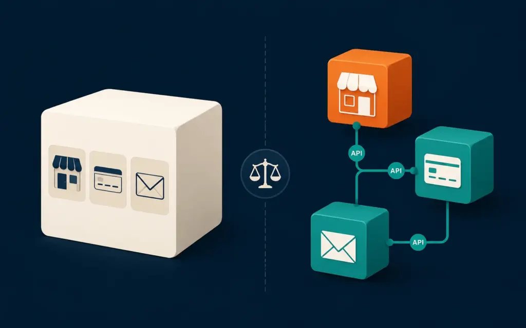 Comparison of monolithic ecommerce platform versus composable commerce tech stack architecture
