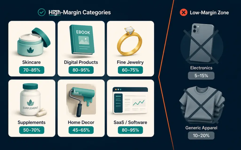Product category comparison showing high-margin items like digital products and beauty versus low-margin electronics and commodity clothing
