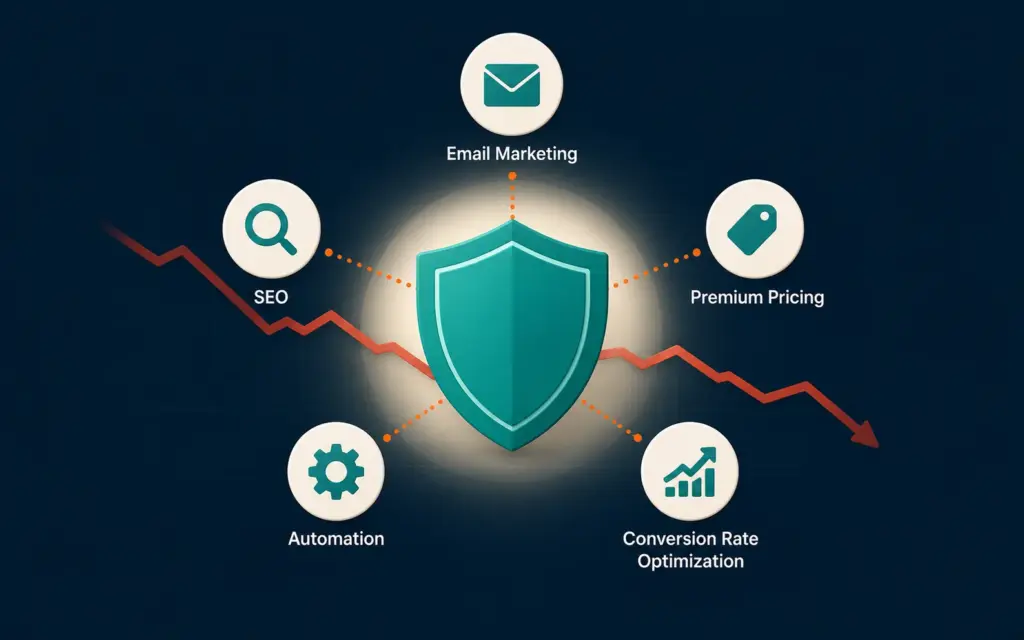 Ecommerce margin protection strategies illustrated as a shield surrounded by email, SEO, pricing, automation, and CRO tactics