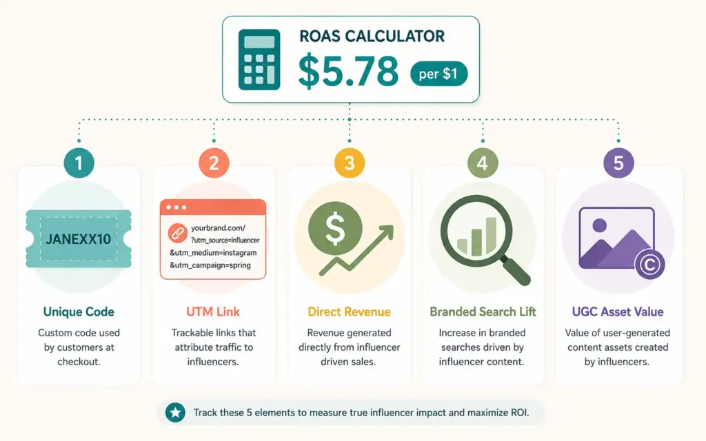 Influencer marketing ROI tracking showing discount codes UTM links and direct revenue measurement