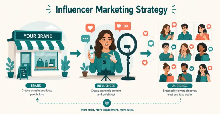 Influencer marketing strategy showing creator partnership flow from brand to creator to engaged audience