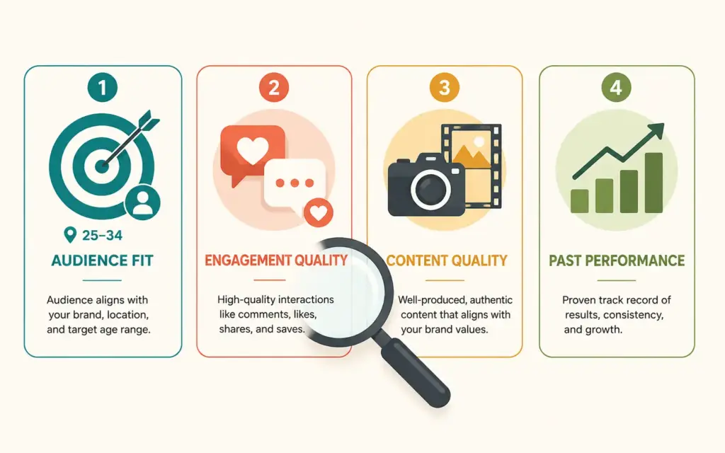 Influencer vetting framework showing audience fit engagement quality content quality and past performance criteria