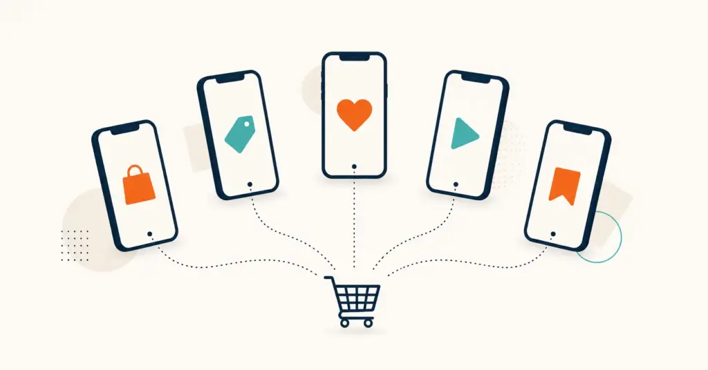 Five abstract phone silhouettes with shopping icons connected by dotted lines to a central cart Caption: Skip