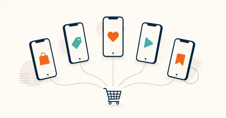 Five abstract phone silhouettes with shopping icons connected by dotted lines to a central cart Caption: Skip