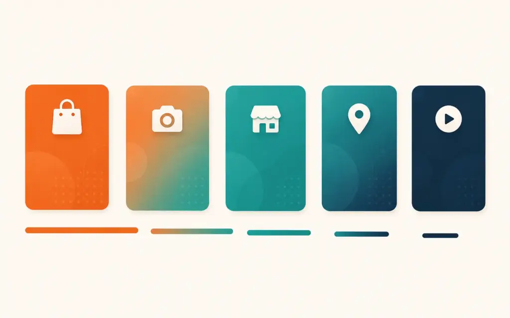 Five platform cards in gradient colors with icons and relative market size bars below each 