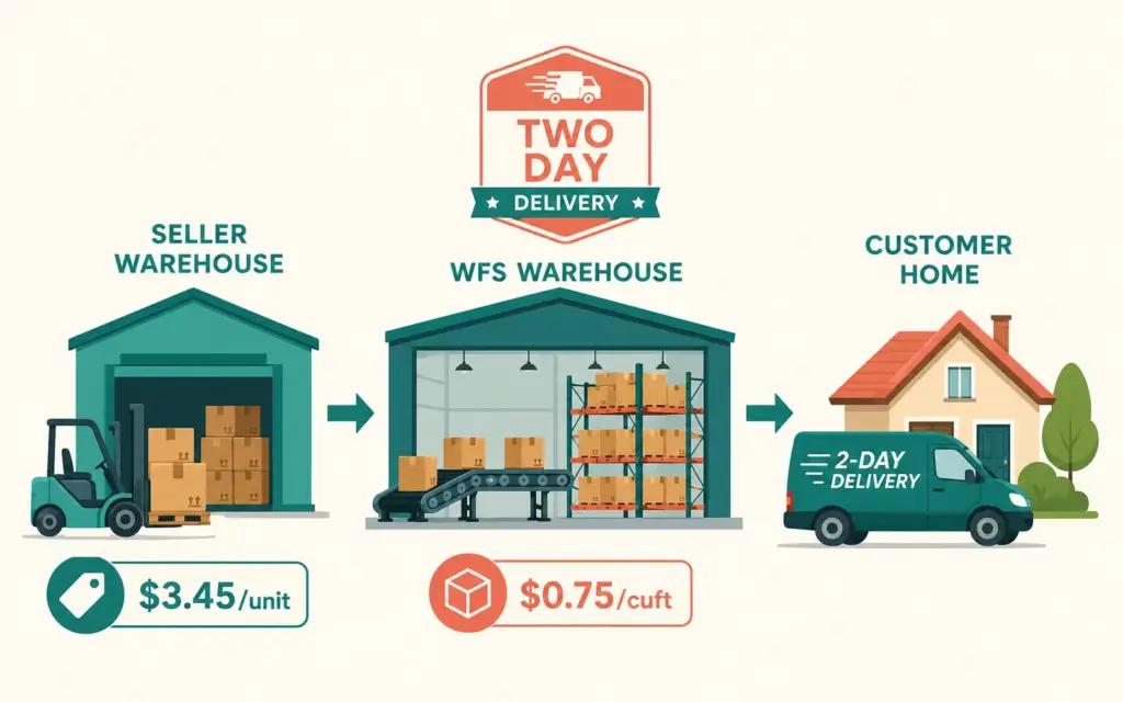 Walmart Fulfillment Services workflow showing inbound shipping through 2-day delivery to customers