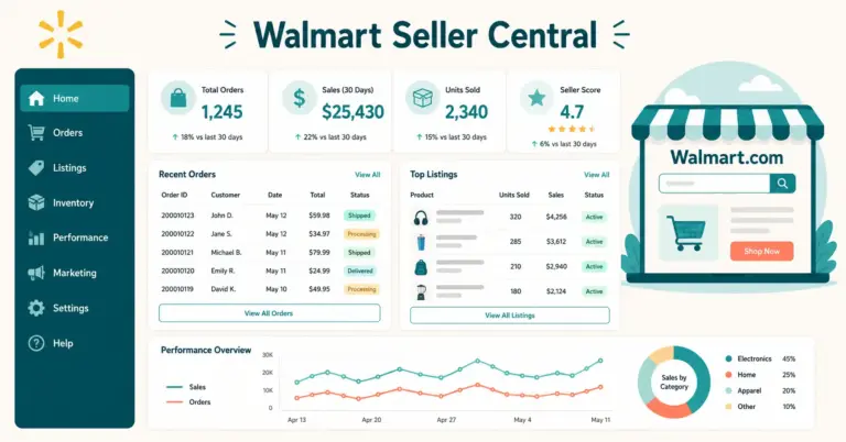 Walmart Seller Central dashboard showing marketplace seller account management for ecommerce sellers