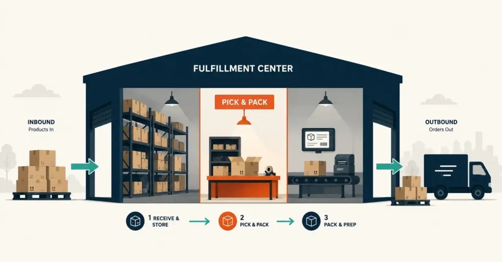 3PL fulfillment center flow from inventory receiving through pick pack to shipping