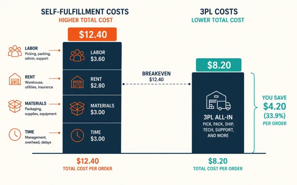 Self-fulfillment versus 3PL cost comparison showing component cost breakdown