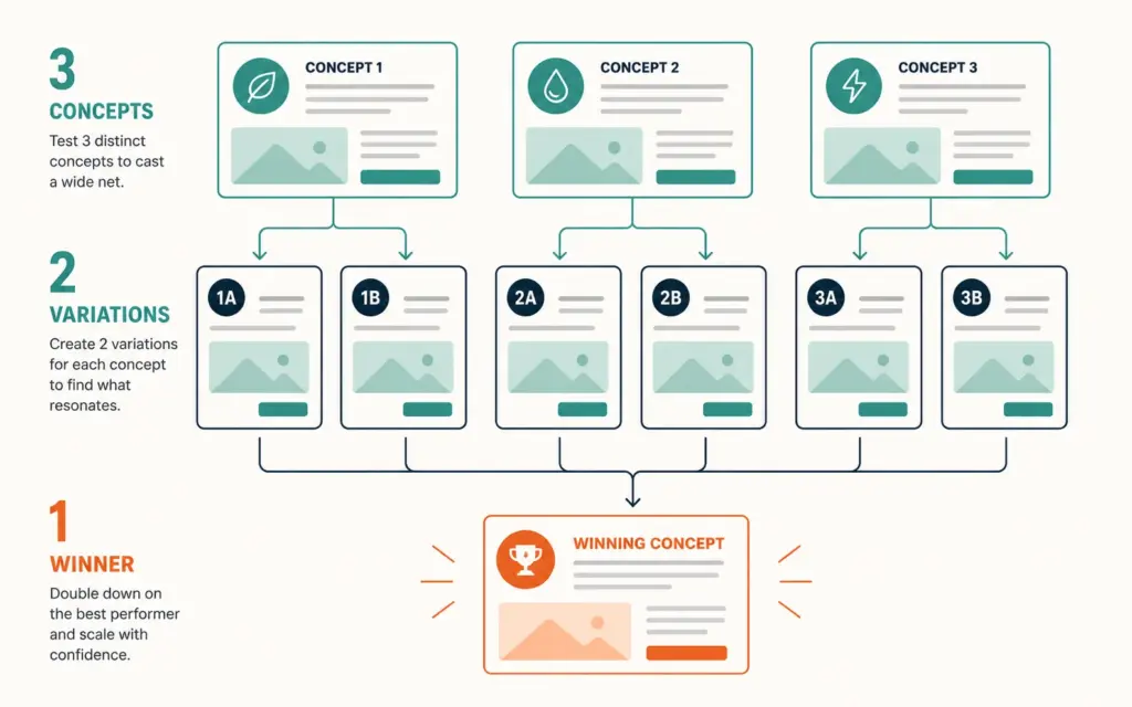 Creative testing 3-2-1 framework showing concepts narrowing to one winning ad